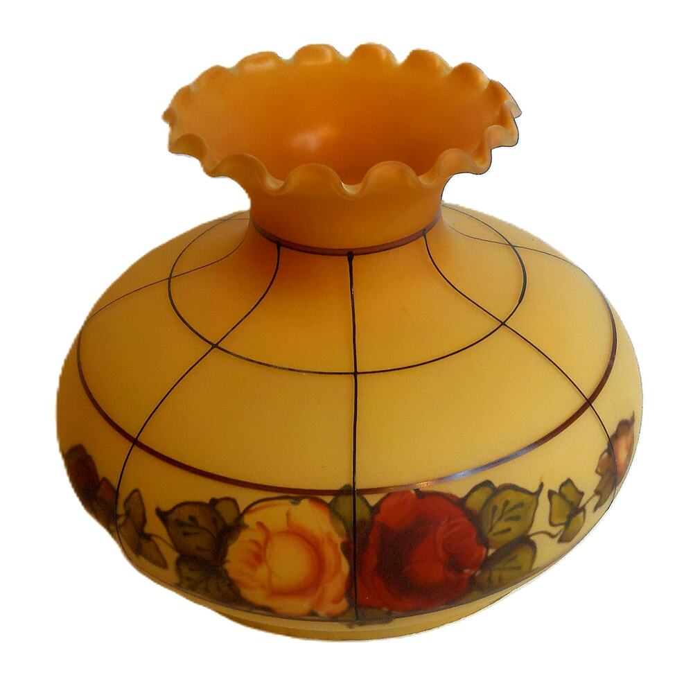 Vintage Ornate Floral Reverse Painted Glass Lamp Shade Beige Amber Antique Decor